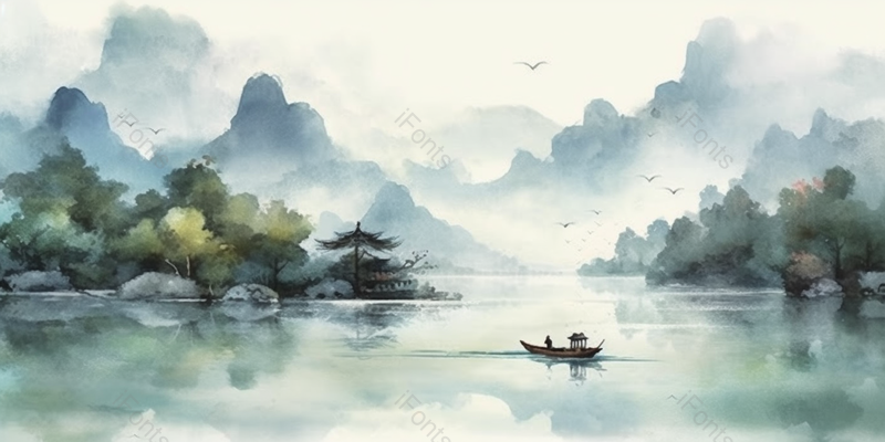 蓝绿色泼墨水彩风景插画,插画/手绘图,插画/手绘图库,插画/手绘图下载,插画/手绘